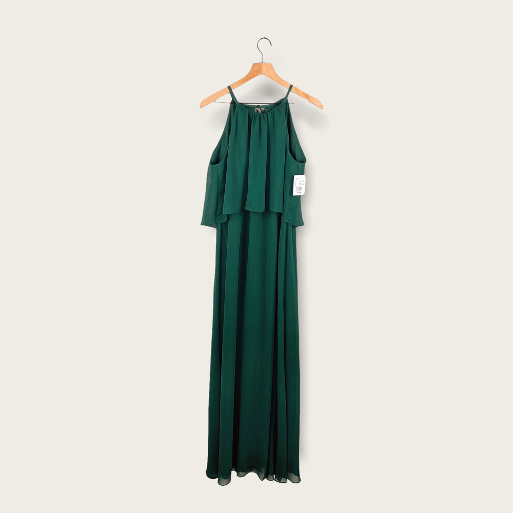 David's Bridal Flounced Crinkle Chiffon Sheath Dress NEW Green, F19773, Size 14